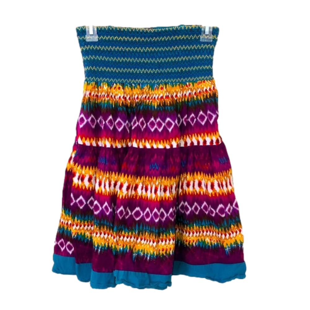 POETRY CLOTHING Strapless Blue, Pink, & Yellow Striped Boho Style Dress